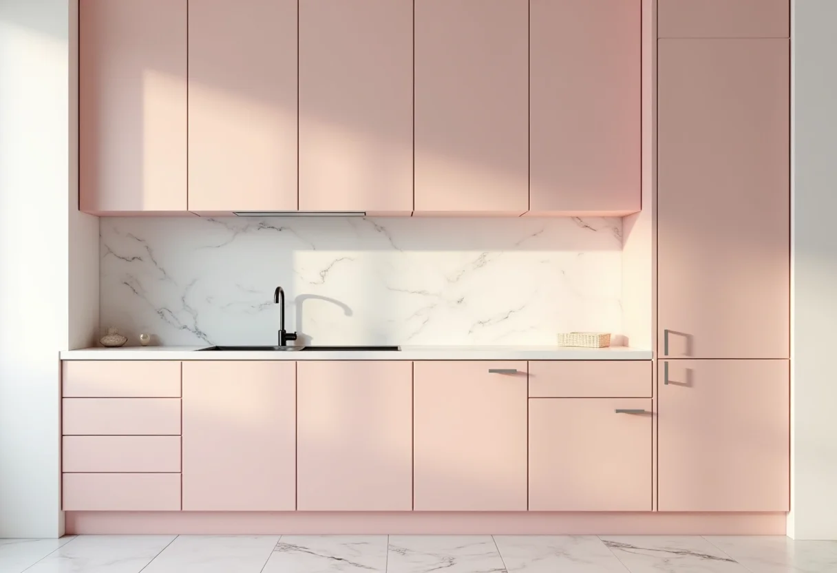 Cozinha com armário rosa: 7 ideias incríveis (e fáceis) para sua casa Cozinha com armários rosa pastel e bancada de mármore