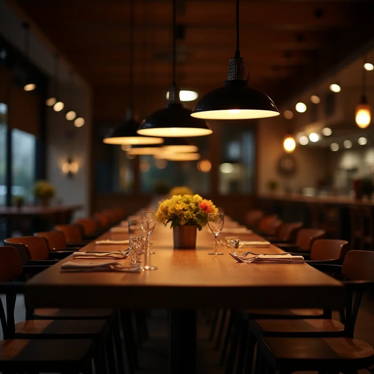 Cozinha com iluminação estratégica sobre a mesa retangular, criando um ambiente acolhedor e convidativo.