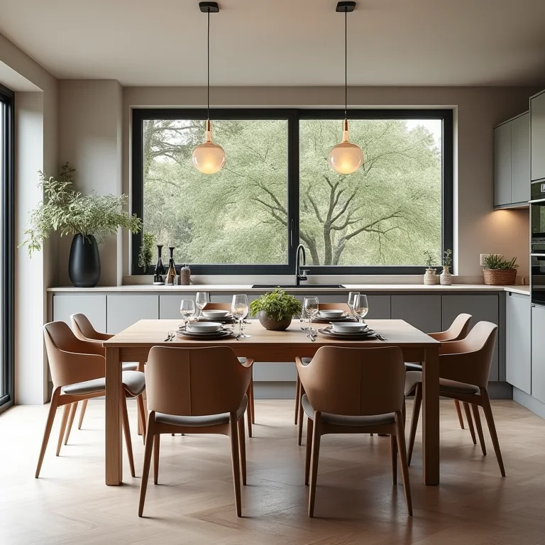 Cozinha com mesa retangular para seis pessoas, apresentando uma área de jantar funcional e elegante.