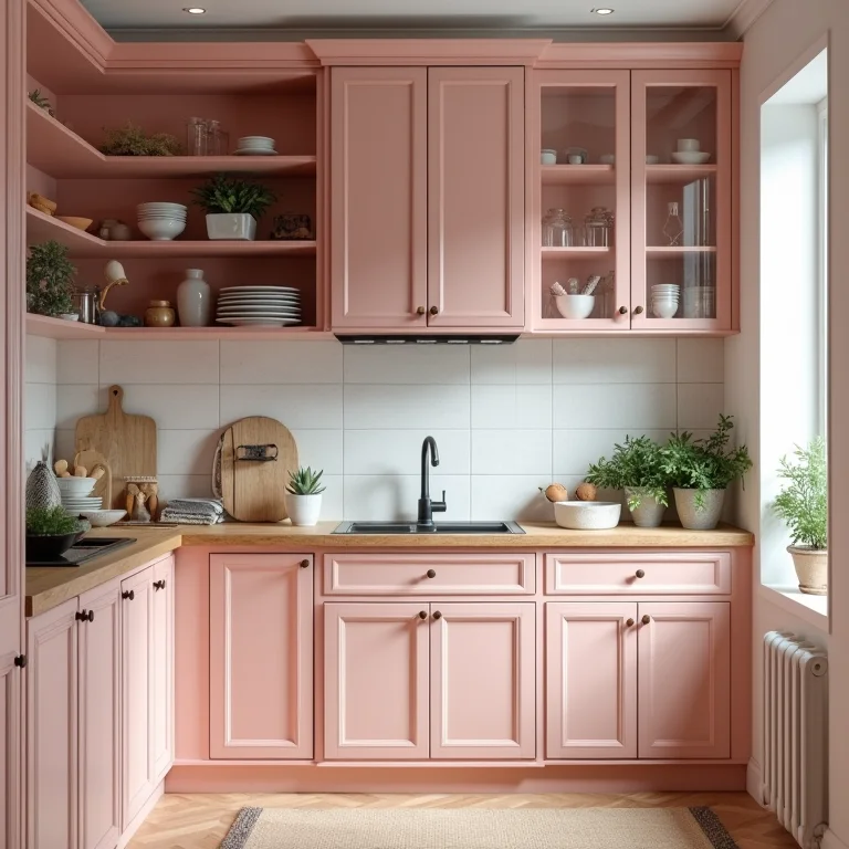 Cozinha elegante com armários rosa antigo e decoração vintage