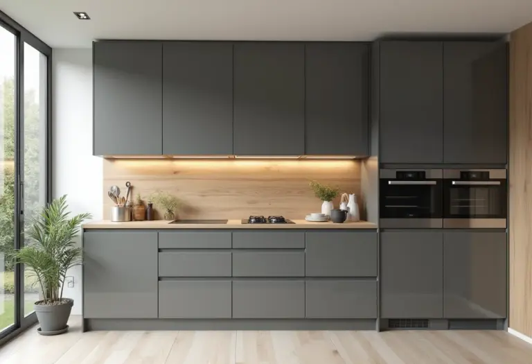 Cozinha moderna com armários cinza e bancadas de madeira clara