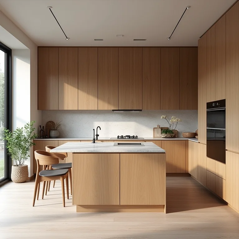 Cozinha moderna com armários de madeira, bancadas e mesa de jantar