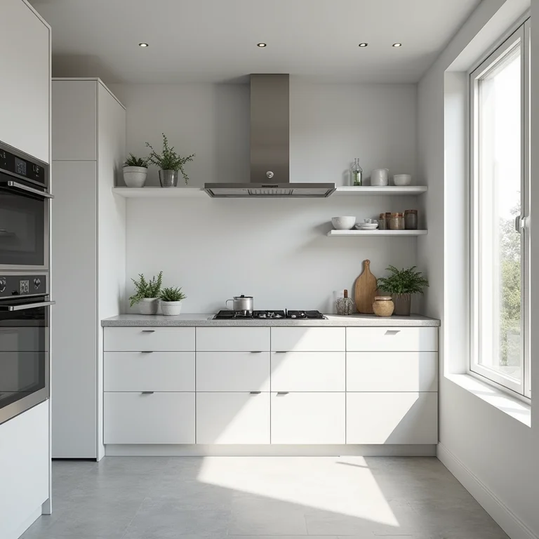 Cozinha moderna com armários e bancadas cor gelo, design clean e funcional