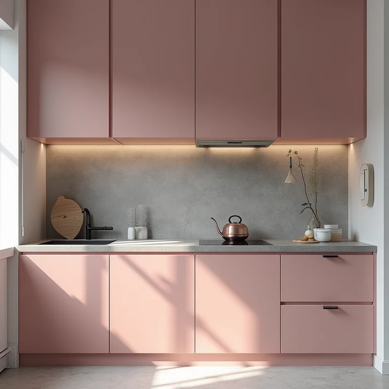 Cozinha moderna com armários rosa e cinza e bancada de concreto