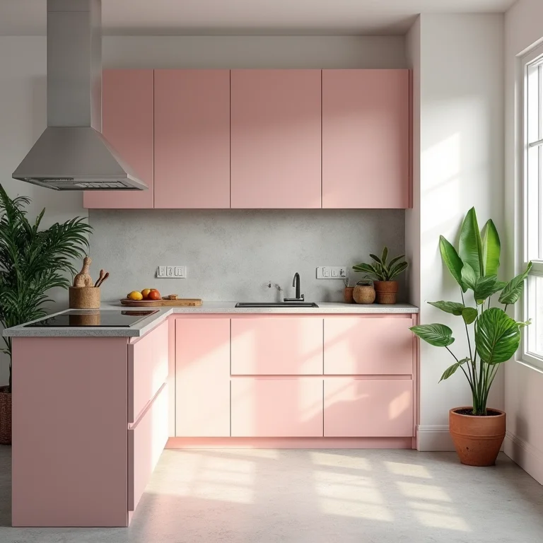 Cozinha moderna com armários rosa millennial e eletrodomésticos de aço inoxidável