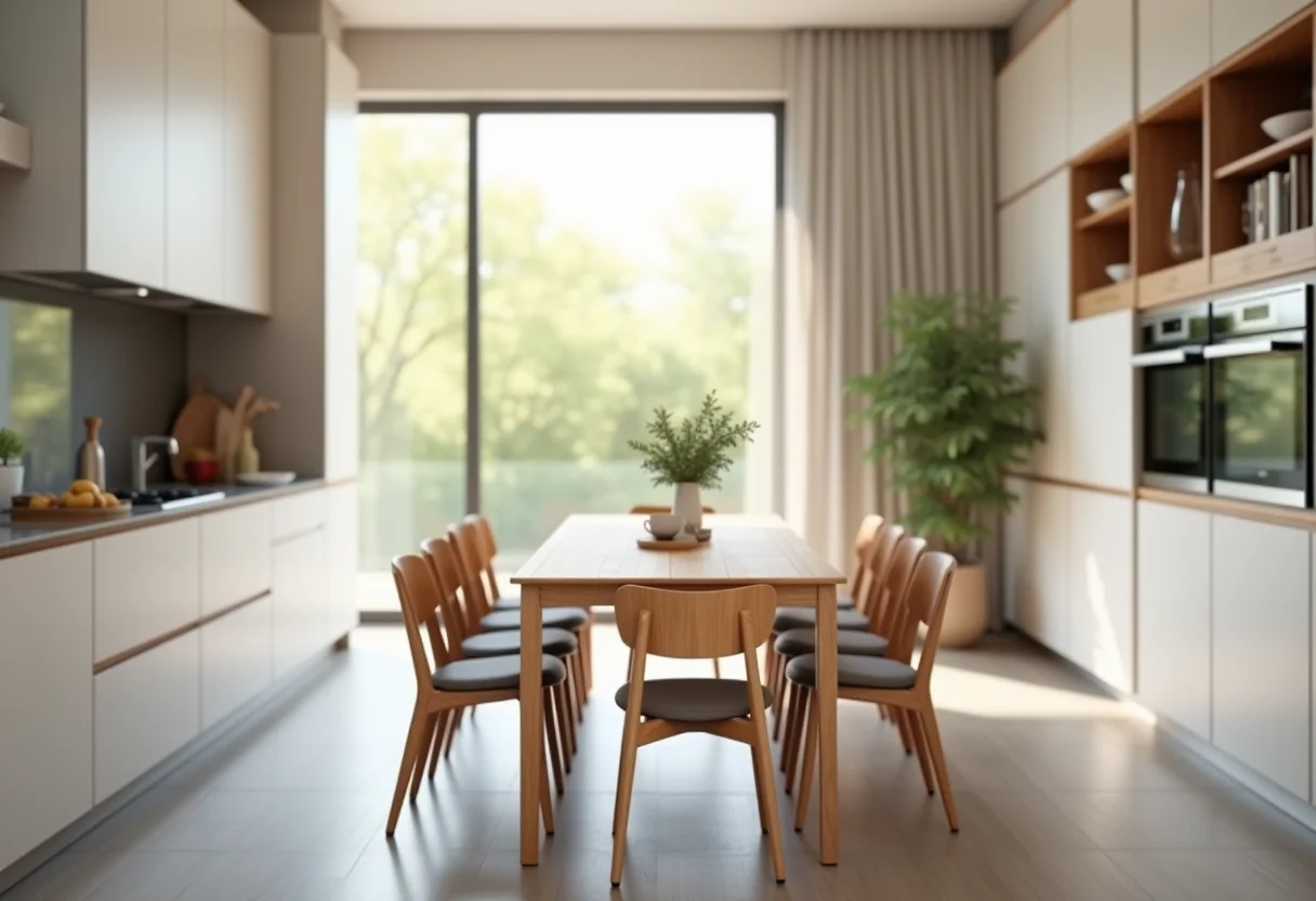 Decoração de cozinha: o segredo para integrar mesa retangular Cozinha moderna com mesa retangular de madeira integrada ao design, criando um ambiente clean e convidativo.