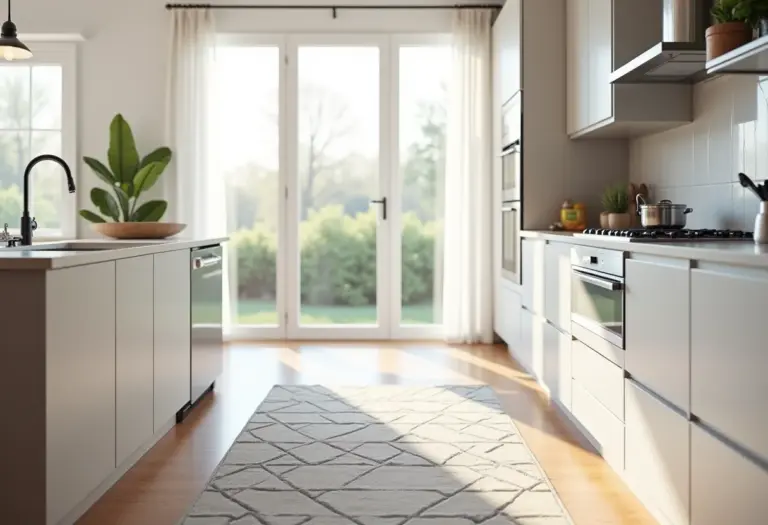 Cozinha moderna com tapete geométrico estiloso sob ilha branca minimalista