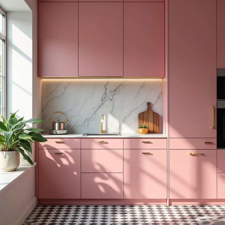 Cozinha ousada com armários rosa pink e detalhes dourados
