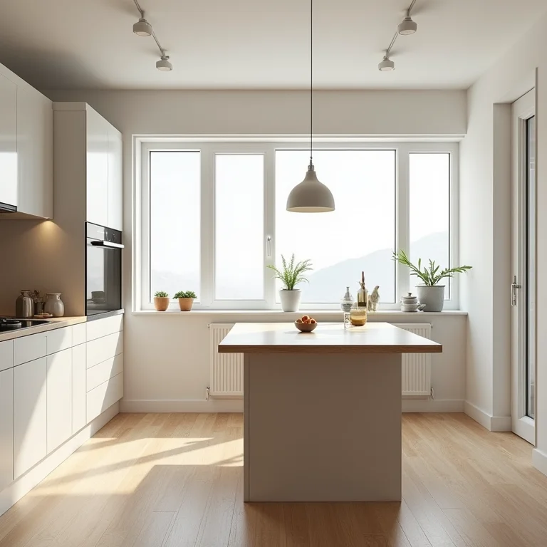 Cozinha pequena com mesa retangular inteligentemente posicionada para otimizar o espaço e a funcionalidade.