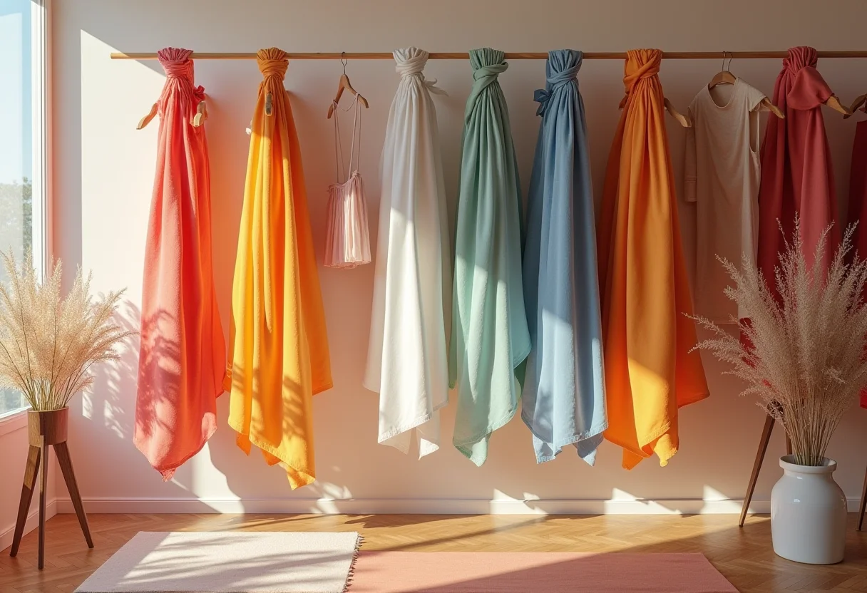 Círculo cromático com amostras de tecido e roupas femininas organizadas por cor para combinar cores.