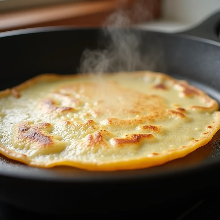 Crepe sendo preparado em frigideira de ferro.