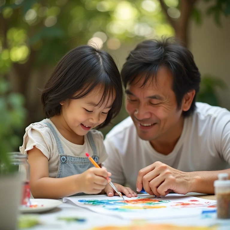 Criança asiático-brasileira pintando paisagem com o pai durante viagem em família.