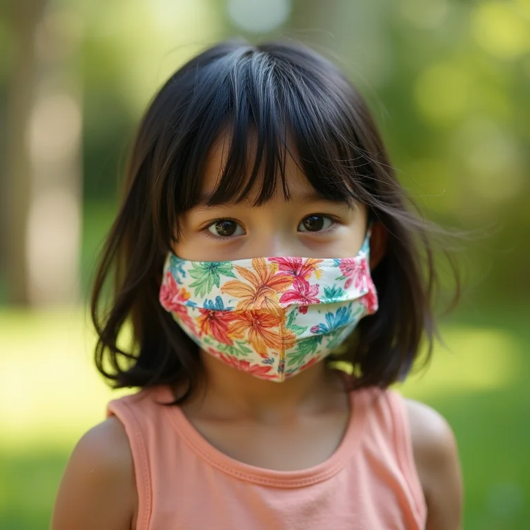 Criança asiático-brasileira usando máscara facial infantil em jardim.