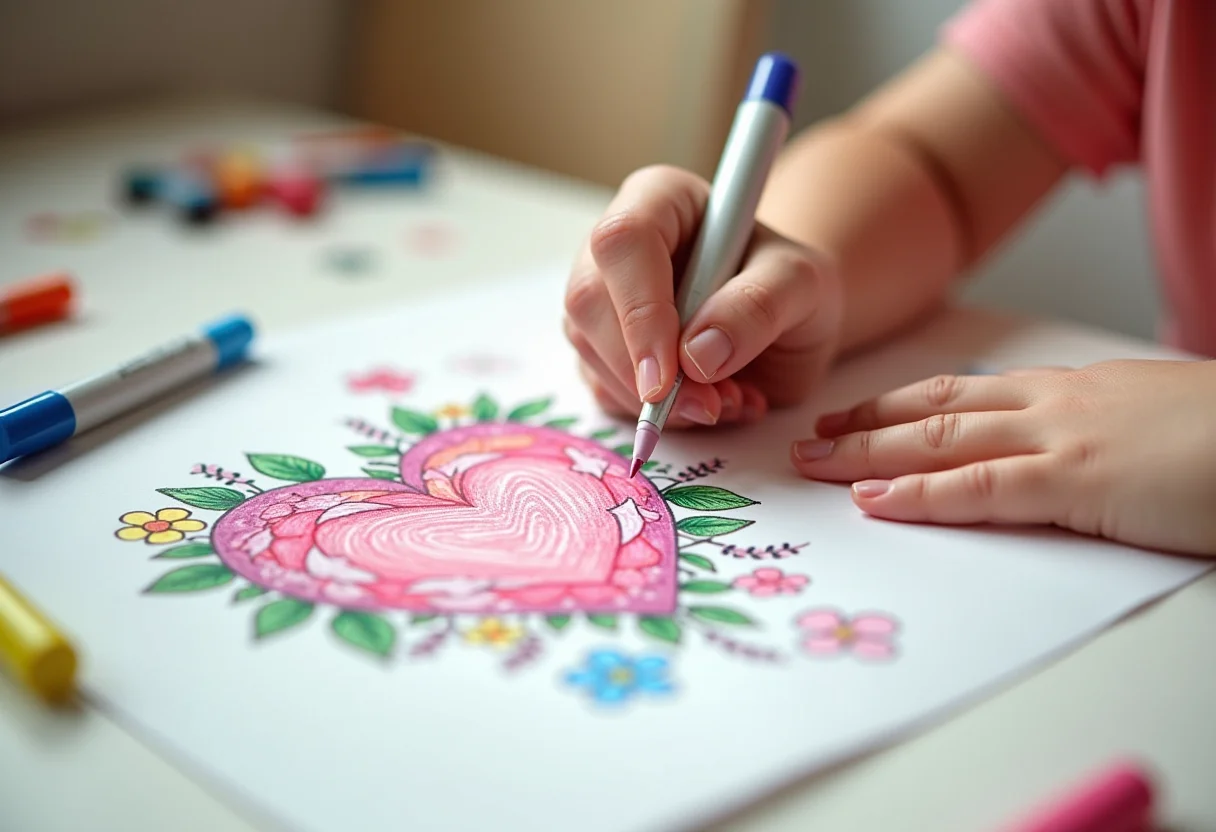 Cartão Dia das Mães: 3 desenhos emocionantes para colorir Criança colorindo um desenho de coração floral para o Dia das Mães