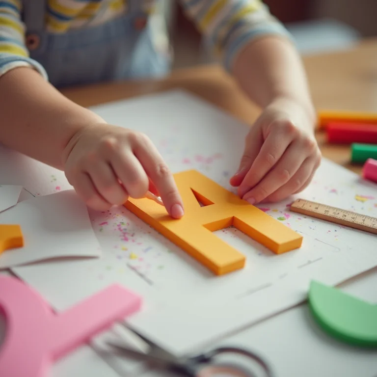 Criança montando letra 3D de papel