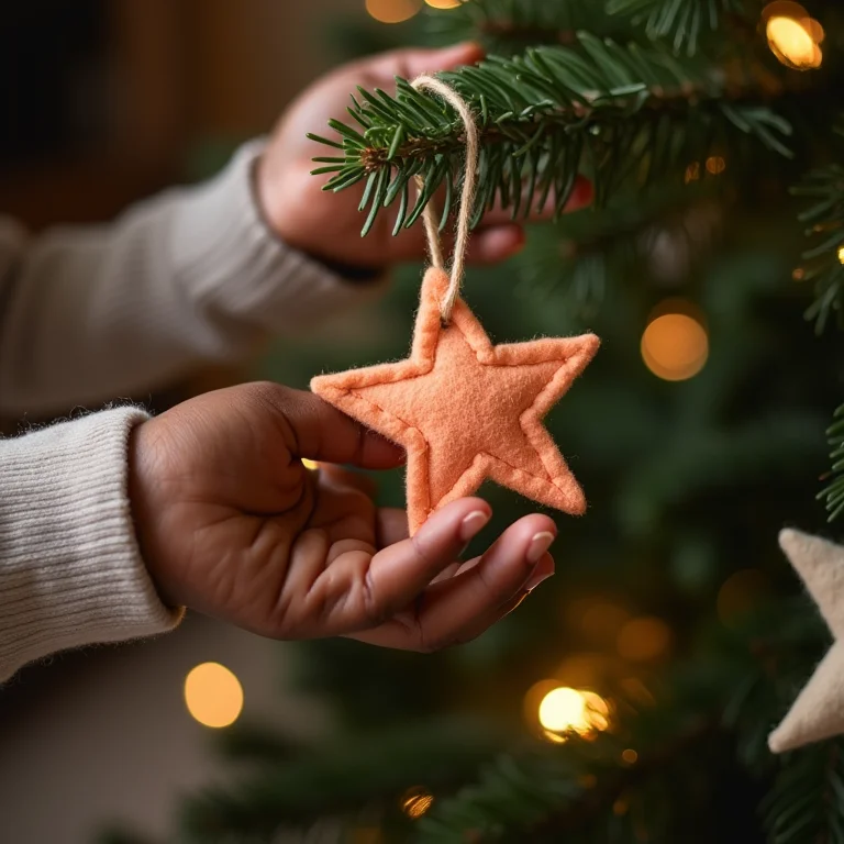 Criança negra pendurando enfeite de feltro em árvore de Natal
