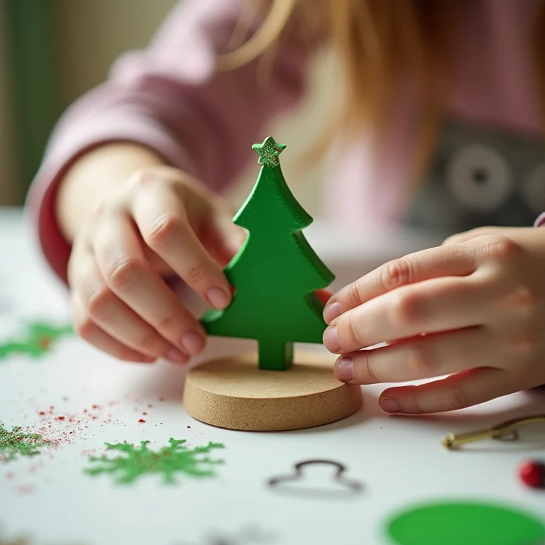 Criança pintando enfeite de árvore de Natal de madeira