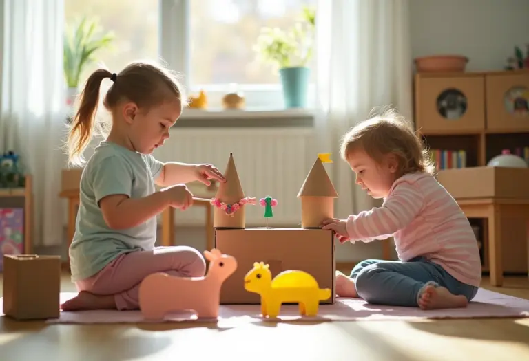 Crianças brincando com brinquedos reciclados em sala de brinquedos colorida