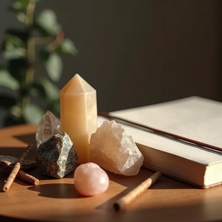 Cristais, incenso e um diário em uma mesa de madeira