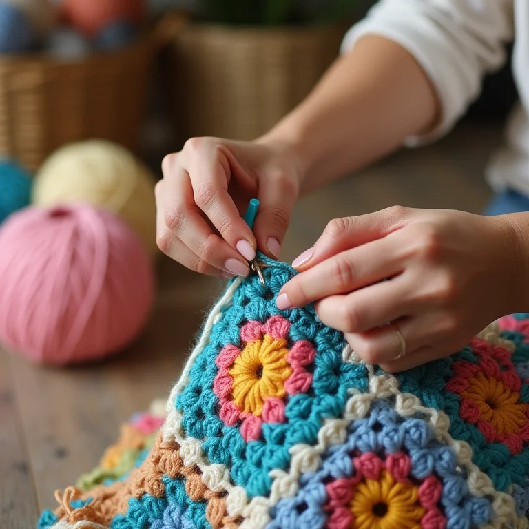 Crochê e tricô: mãos artesãs criando um cobertor de granny squares
