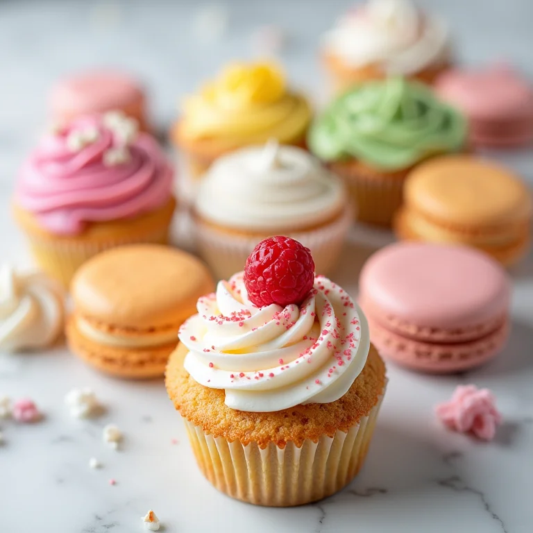 Cupcakes coloridos e macarons em uma bancada de mármore
