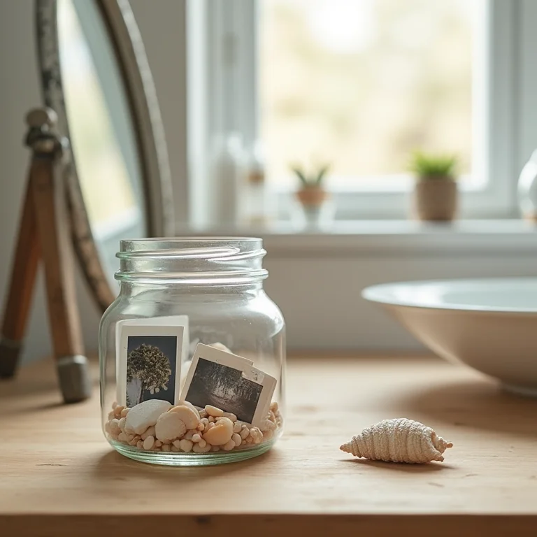 Decoração criativa com fotos e conchas dentro de um pote de conserva no banheiro.