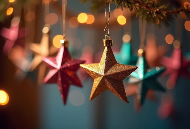 Decoração de festa com estrelas coloridas penduradas