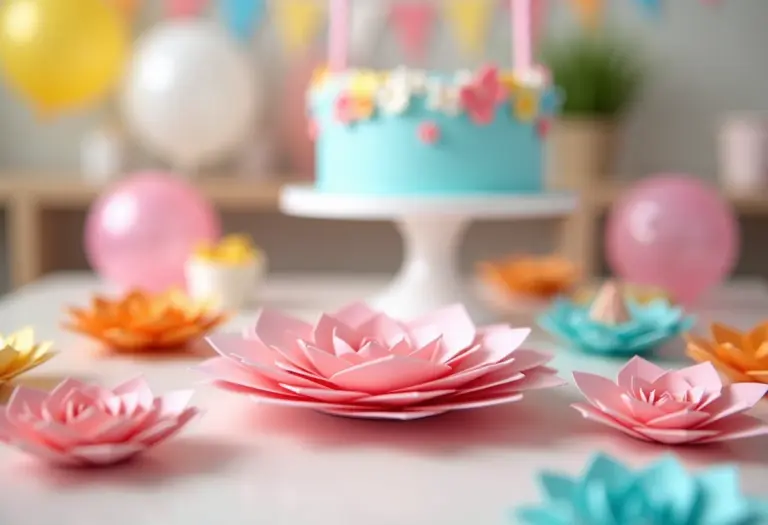 Decoração de festa infantil com flores de papel coloridas