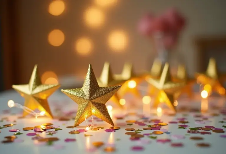 Decoração de festa temática com estrelas douradas em EVA