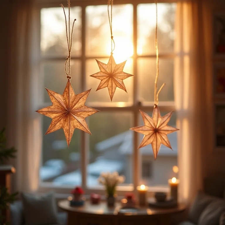 Decoração de janelas com estrelas de papel vazadas penduradas