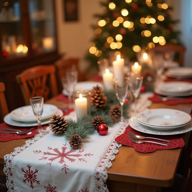 Decoração de mesa natalina com detalhes artesanais