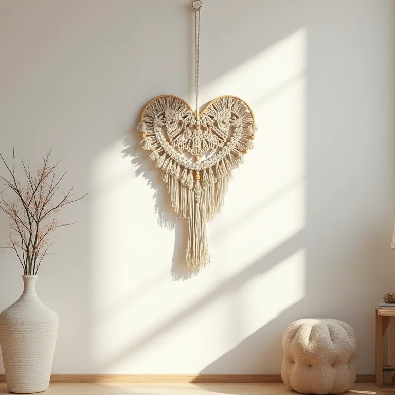 Decoração de parede em macramê com formato de coração