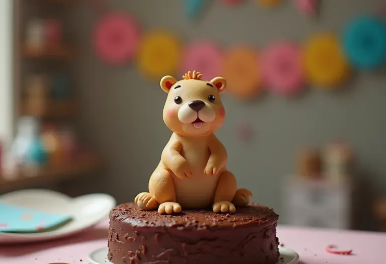 Delicado topo de bolo de capivara em biscuit decorando um bolo de chocolate