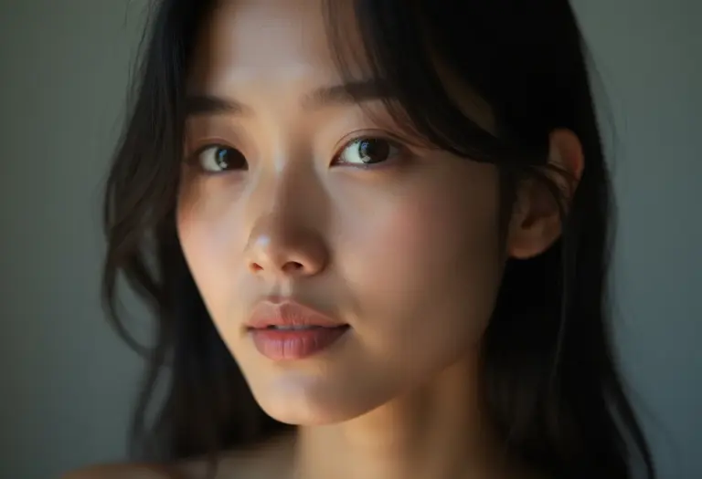 Delineado branco rejuvenescedor em mulher asiático-brasileira