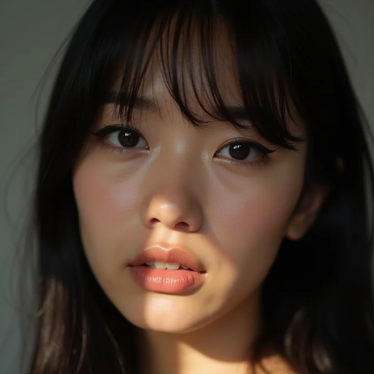 Delineado fino e preciso em mulher asiático-brasileira.