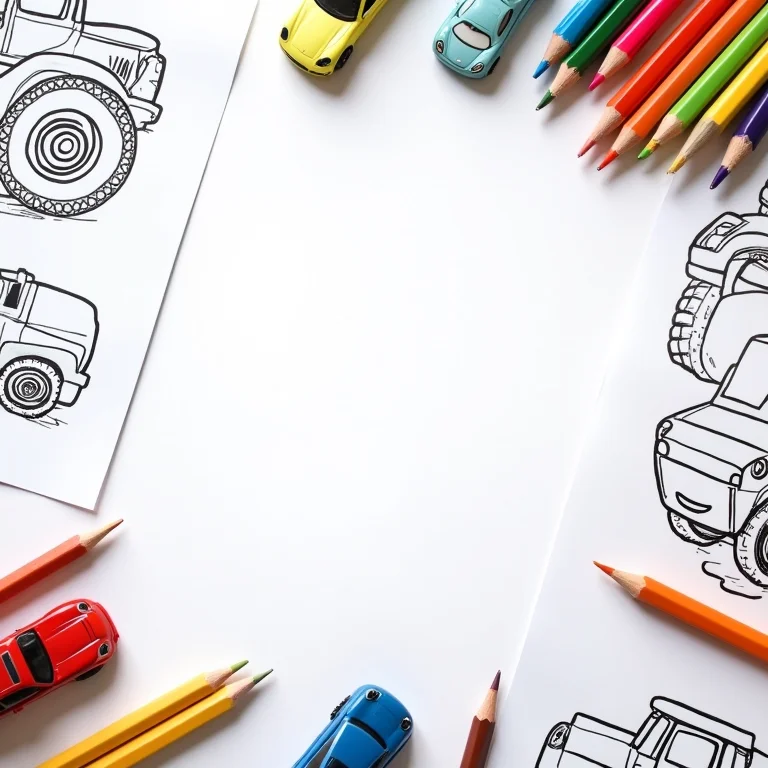 Desenhos de carros e veículos para colorir impressos em mesa de atividades