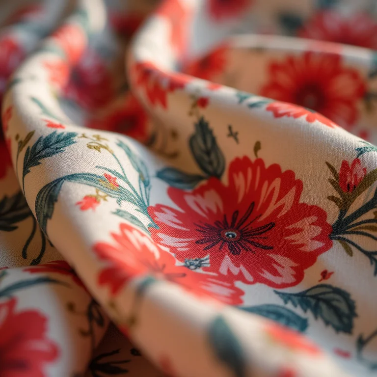 Detalhe da estampa floral vibrante em tecido fluido