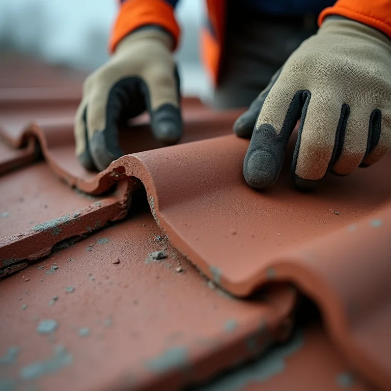 Detalhe da instalação das telhas de concreto palha, mostrando o encaixe perfeito.