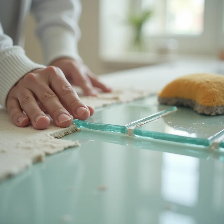Detalhe da instalação de pastilhas de vidro em uma parede de banheiro.