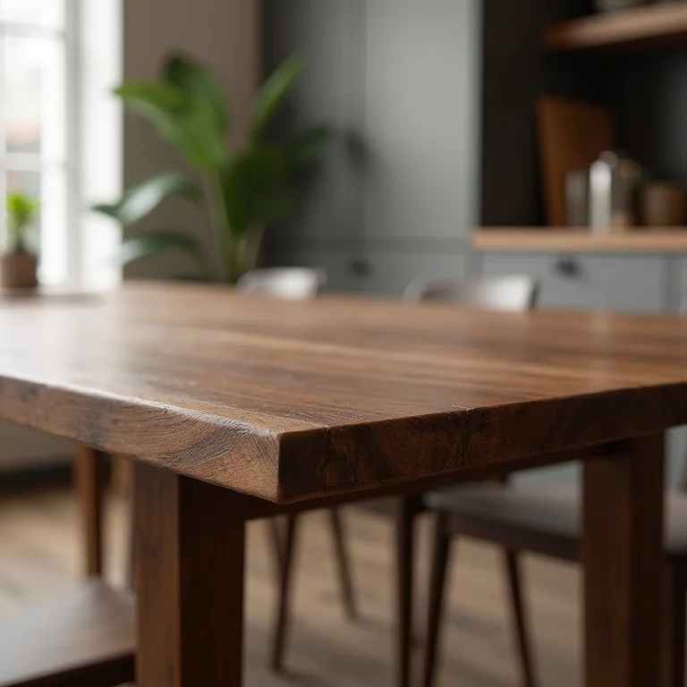 Detalhe da textura da mesa retangular de madeira escura em uma cozinha minimalista, integrando-se perfeitamente ao design.