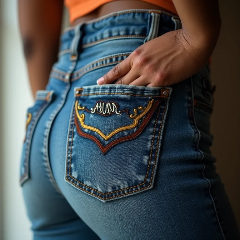 Detalhe da textura e bordado em um mom jeans vintage
