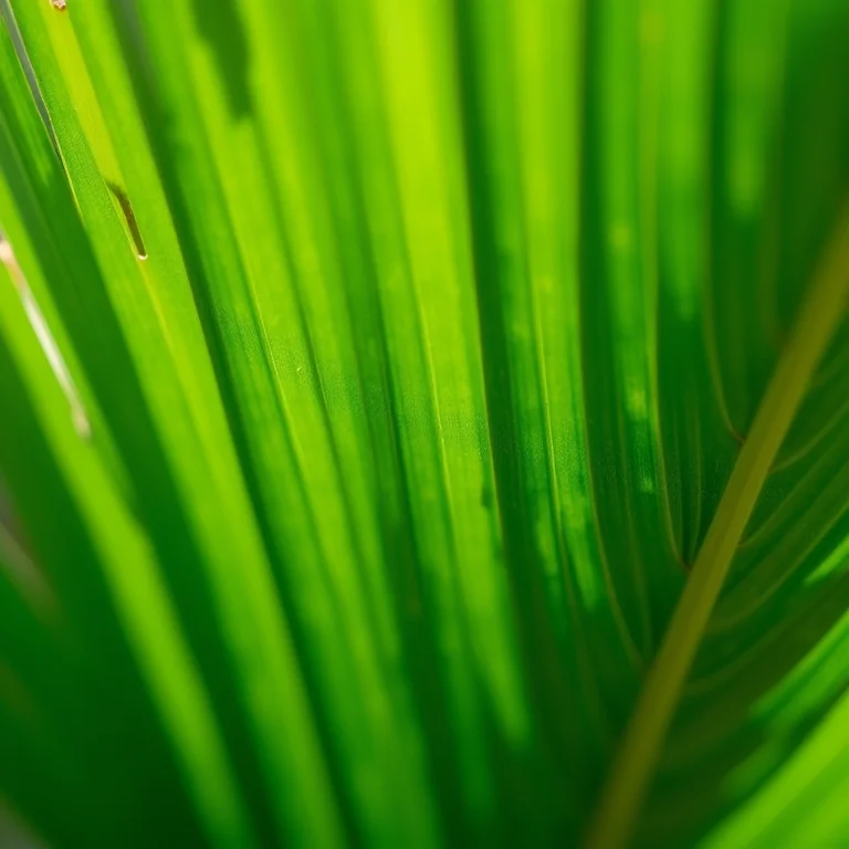 Detalhe das folhas verdes e vibrantes de uma palmeira ráfia saudável
