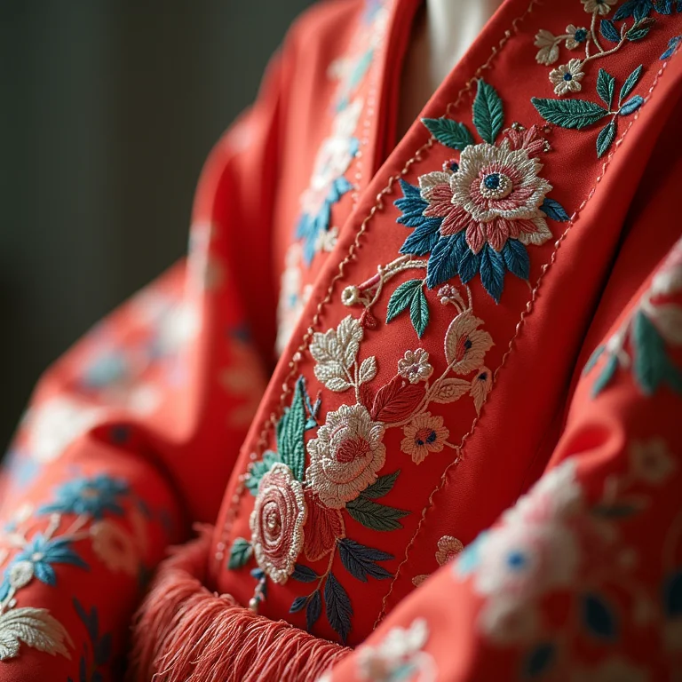 Detalhe das franjas de um kimono de seda com bordados coloridos.