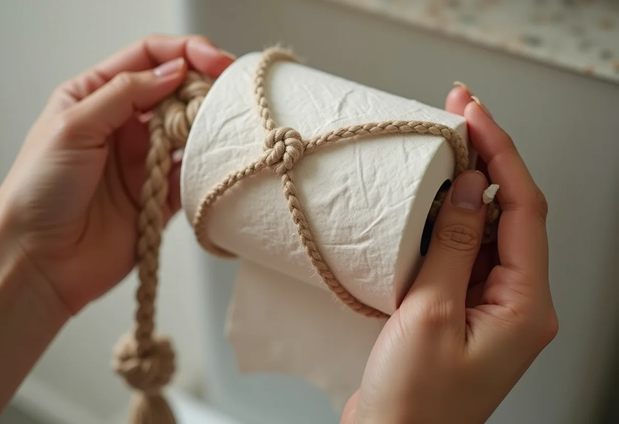 Suporte de papel higiênico de macramê: DIY fácil e charmoso! Detalhe das mãos artesãs criando um suporte de papel higiênico de macramê