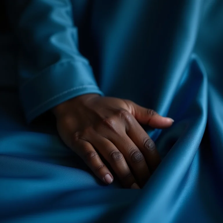 Detalhe das mãos de modelo negra plus size tocando tecido de seda azul