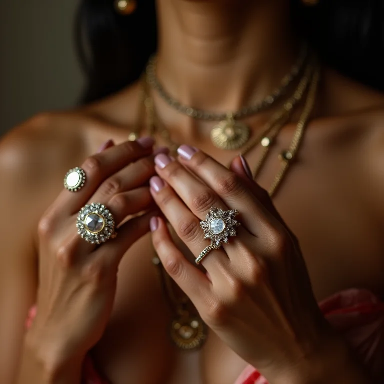 Detalhe das mãos de mulher indiana usando colares e anéis marcantes