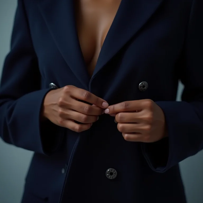 Detalhe das mãos de uma mulher ajustando a lapela de um blazer azul marinho de alfaiataria