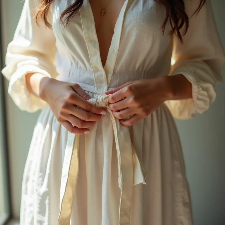 Detalhe das mãos de uma mulher ajustando o cinto de um vestido longo boho chic de linho