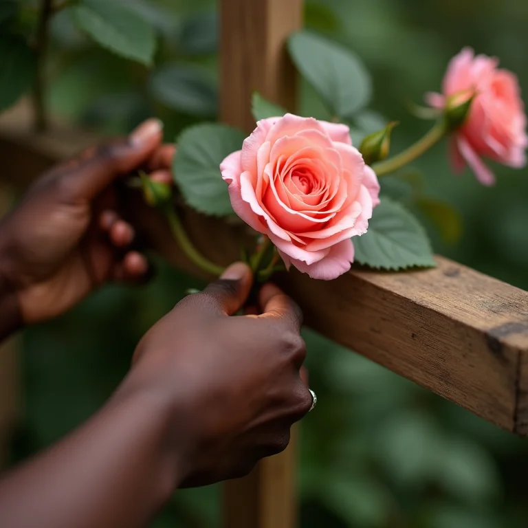 Detalhe das mãos de uma mulher negra prendendo rosa trepadeira em treliça de madeira