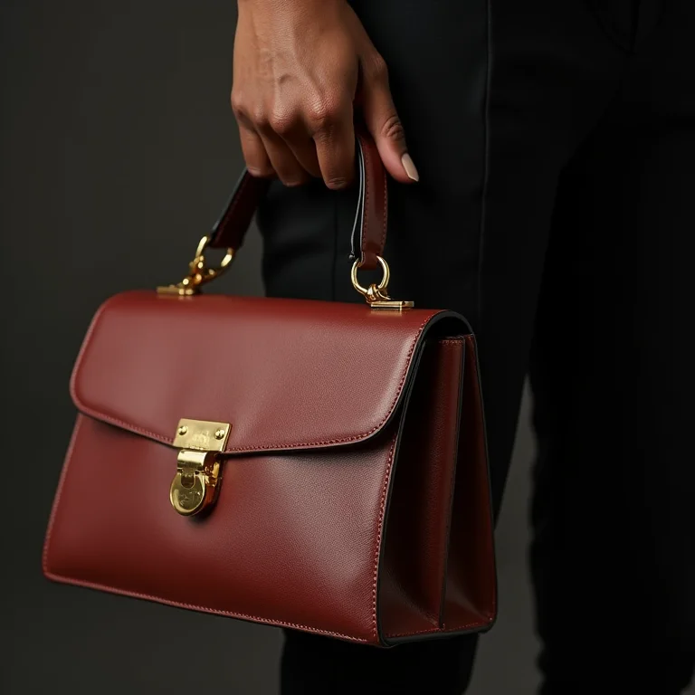 Detalhe das mãos de uma mulher negra segurando uma bolsa de couro estruturada